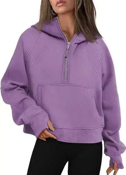 Autumn/winter Womens Sport Half Zip Hoodie Sweatshirt Loose Cropped Fleece Hoodies Women