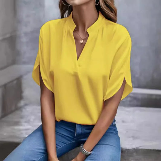 Women Elegant Solid Chiffon Blouse Spring Summer Casual Long Sleeve V Neck Yellow Office Lady White Shirt Tunics Basic Tops New