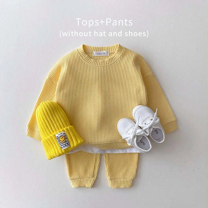 2023 Korea Toddler Baby Clothing Sets For Infant Baby Boys Clothes Set Mock Two-piece Waffle Cotton Sweatshirt+Pants 2pcs Outfit