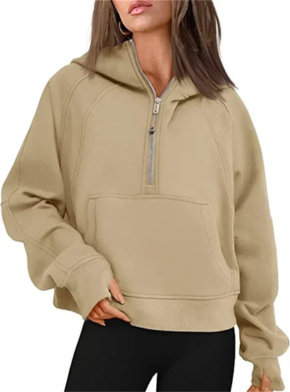 Autumn/winter Womens Sport Half Zip Hoodie Sweatshirt Loose Cropped Fleece Hoodies Women