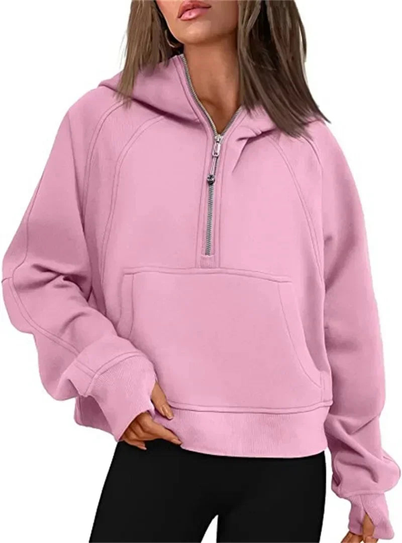 Autumn/winter Womens Sport Half Zip Hoodie Sweatshirt Loose Cropped Fleece Hoodies Women