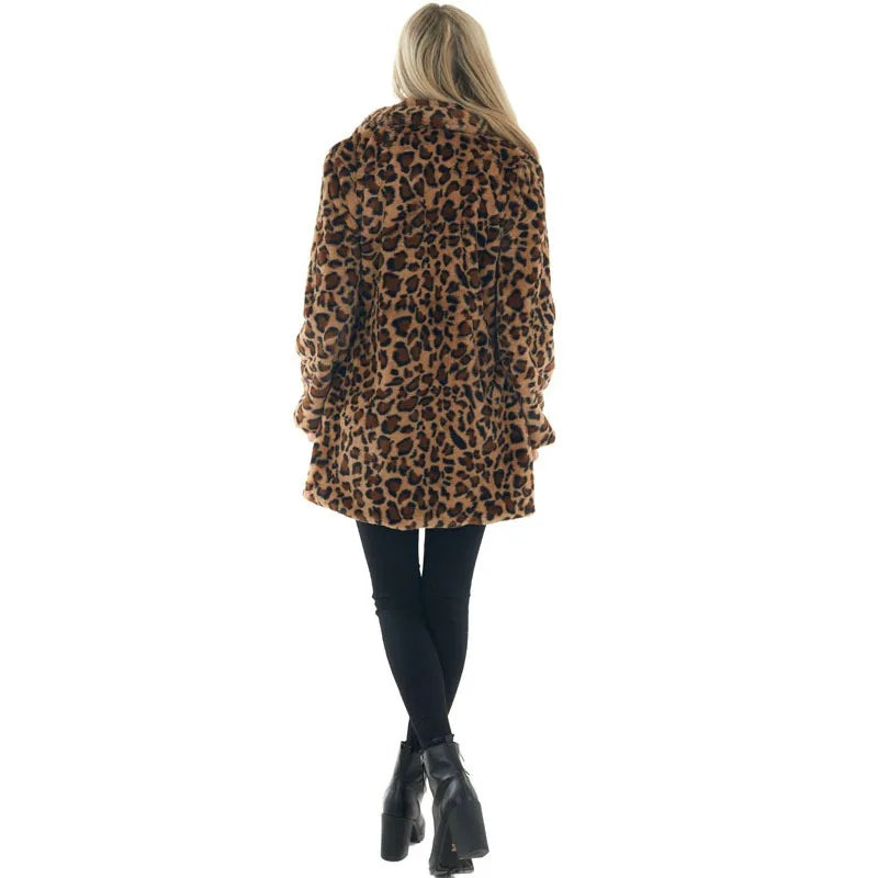 2024 Autumn and Winter Leopard Women's Fashion Temperament Faux Fur Pocket Loose Fur Coat