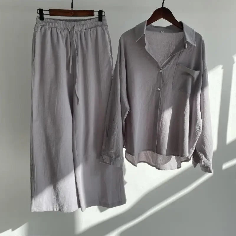 Vintage High-waisted Loose-fit Cotton Linen Shirt Suit For Women 2 Piece Set 2023 Casual Elegant Fashion