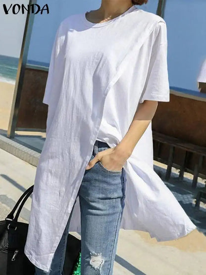 2023 White Tops Women Blouse Summer 2023 VONDA Casual Sexy Short Sleeve Round Neck Split Hem Party Shirts Bohemian Blusa