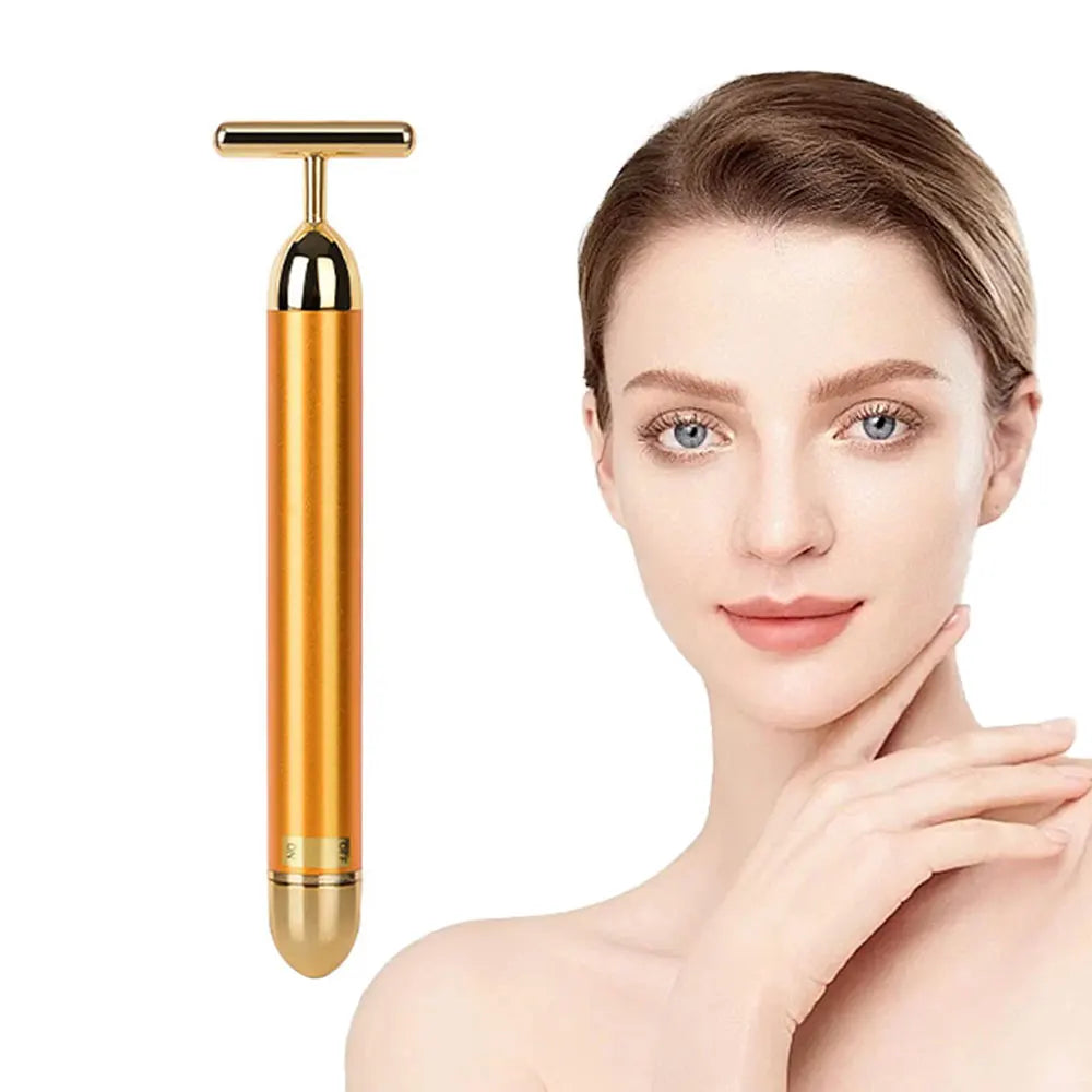 24K Gold Facial Slimming Massager T Shaped Vibrating Roller Skin Beauty Pulse Firming Face Massage Lift Tightening Wrinkle Bar