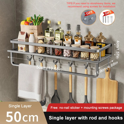 1/2PCS Wall Mounted Spice Rack No Drilling Kitchen Spice Organizer with Hook Spice Storage Rack Bathroom Kitchen Storage Shelf