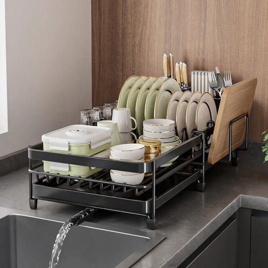 Dishes Drying Rack Adjustable Kitchen Bowl Plates Organizer With Drainboard Countertop Dinnerware Storage Shelf Sink Holder