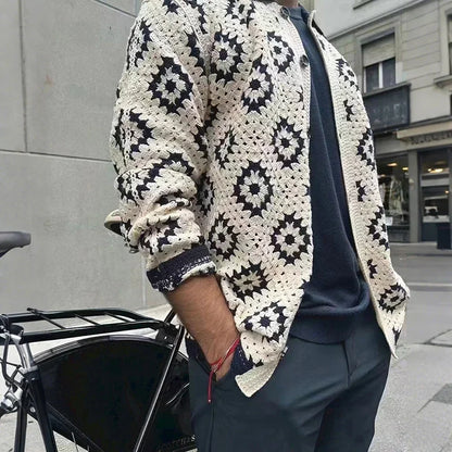 2024 Autumn and Winter Handmade Crochet Lapel Contrast Color Diamond Knitted Cardigan Men and Women Jackets