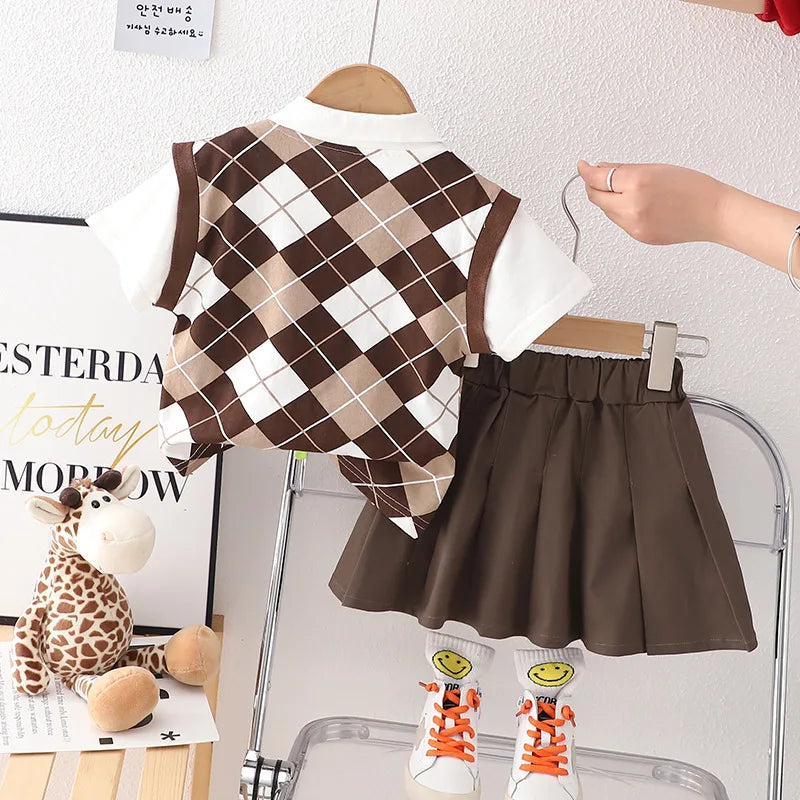 New Baby Girls Boys Clothing Toddler Summer Fashion School Children Plaid Clothes Suit T Shirt Overalls Pants 2Pcs/Set