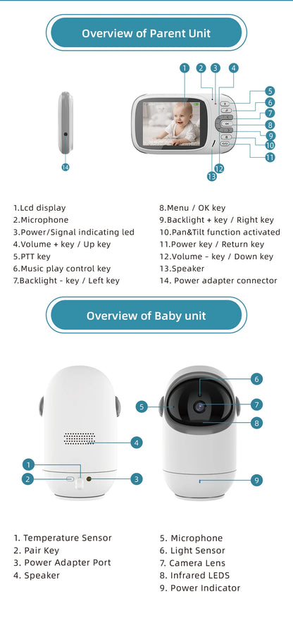 3.2 Inch Wireless Video Baby Monitor with Remote Pan Tilt Camera Two Way Intercom Auto Night Vision Kids Security Surveillance