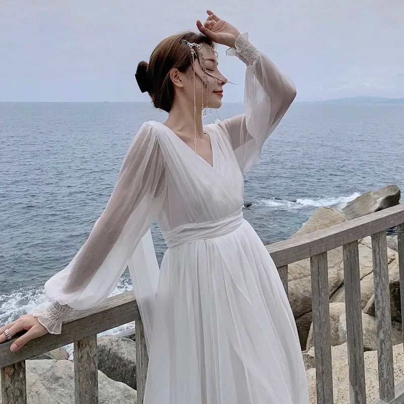 YOSIMI-White Chiffon Long Dress for Women, V-neck Fit and Flare, Backless Floor Length, Long Sleeve, Red Beach Dresses, Summer