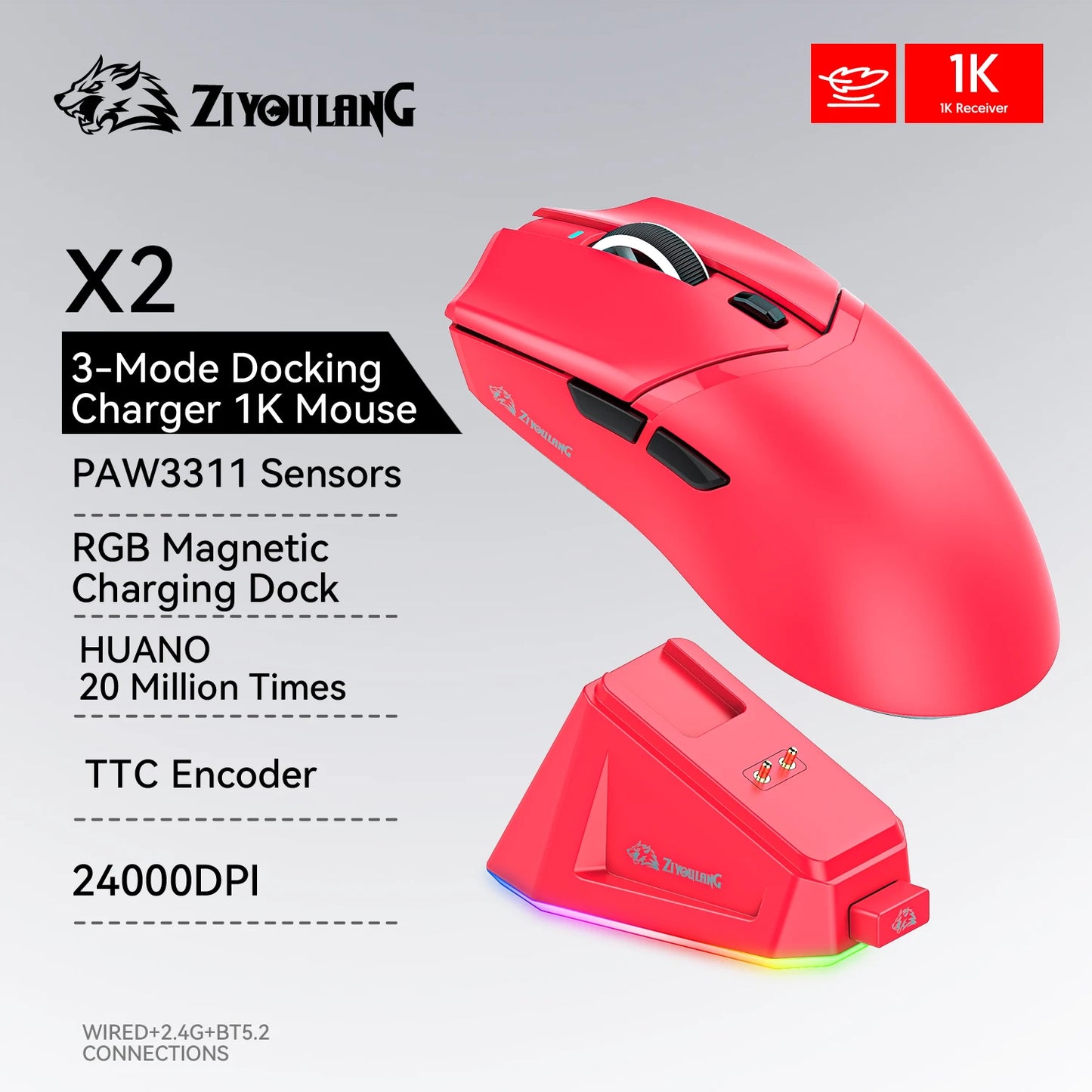 X2  wireless Mouse, 24000DPI PAW3311  2.4G/BT/Wired Ultra-light Magnetic Charging Dock  Gaming Mouse