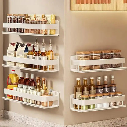 Aluminum Wall-Mounted Spices Rack Multifunctional Item Shelf Kitchen Tools Hooks Kitchen Condiment Storage Rack No Drilling