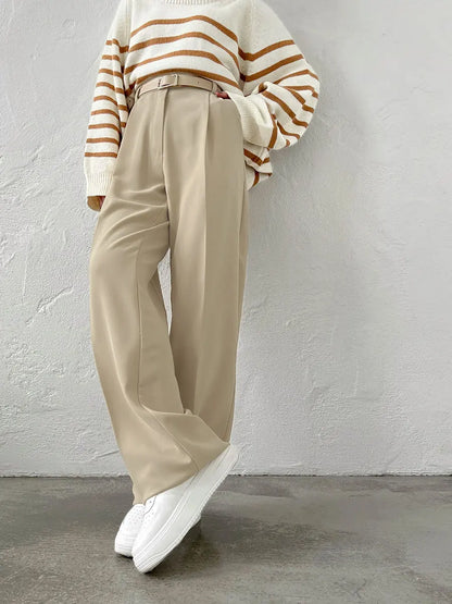 Bornladies Office Ladies Trousers Women High Waist Full Length Pants Female Pleated Wide Leg  Solid OL Pants for Women