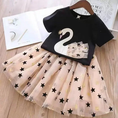 Kid Girl Clothes Cartoon Swan Lace T-shirt+Star Tulle Skirt 2Pcs Set Baby Outfit Casual Girls' Suit Fashion Two-Piece