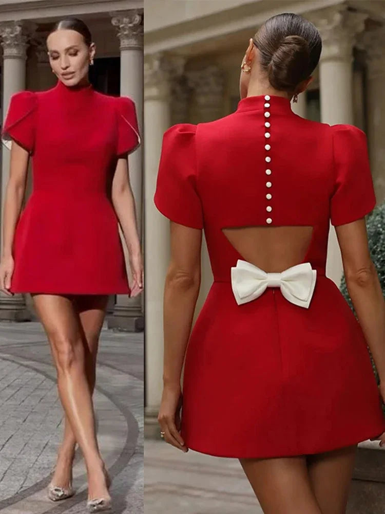 Hallow Out Bow Mini Dress Red Turtleneck Slimming Pad Shoulder Women High Waist A-Line Dresses Socialite Street Evening Gown