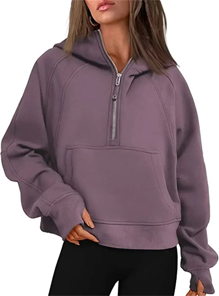 Autumn/winter Womens Sport Half Zip Hoodie Sweatshirt Loose Cropped Fleece Hoodies Women