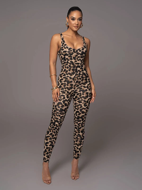 Gymdolphin Women's Sexy Leopard Print Skinny Nightclub Jumpsuit Spaghetti-Neck Yoga Clothes Fitness Coverall Female Club Outfits