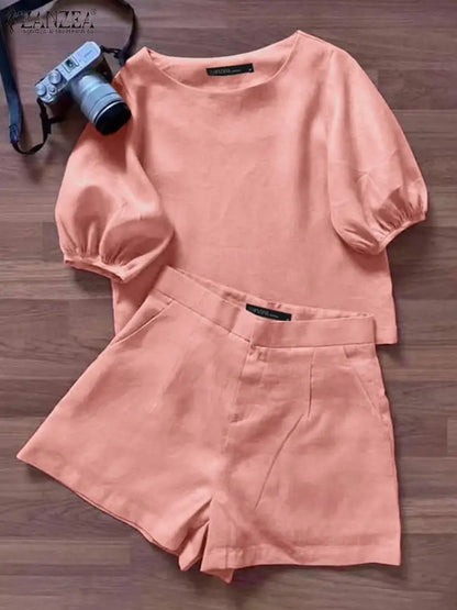 2024 ZANZEA Summer Short Sets Women Vintage Short Sleeve Blouse Pants Suits Fashion Tracksuit Two Piece Sets Womens Outifits