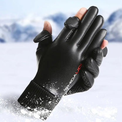 Men Leather Gloves Warm Thermal Fleece Leather Gloves Windproof Ski Snow Snowboard Touch Thick Plush Gloves Riding Gloves