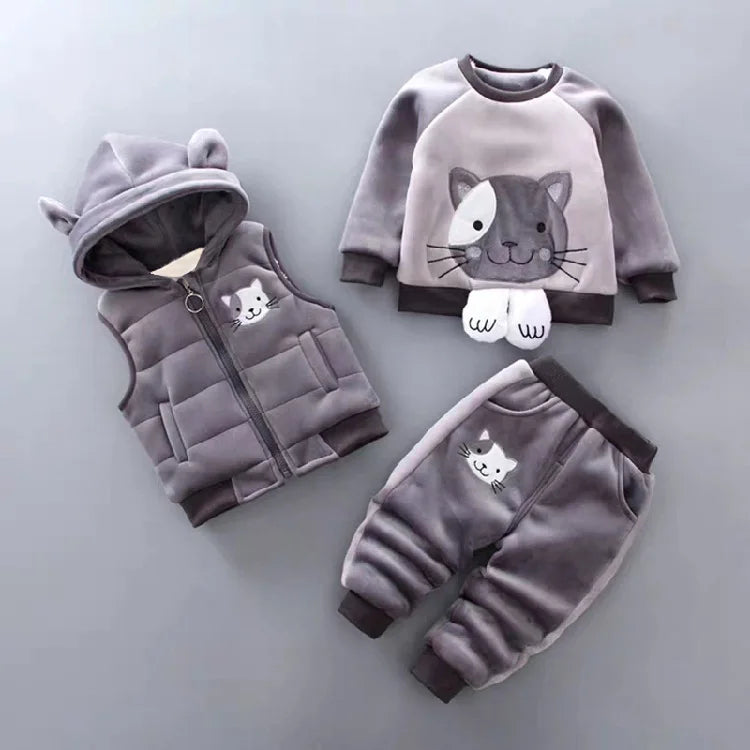 Children's Autumn and Winter Set 2024 Boys and Girls Cartoon Plush Coat+Hooded Vest+Pants Set Baby Warm Three Piece Set 0-4Y