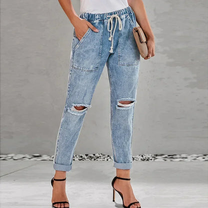 New 2022 Summer Sexy temperament European and American denim straight leg pants with elastic oversized women's jeans ripped