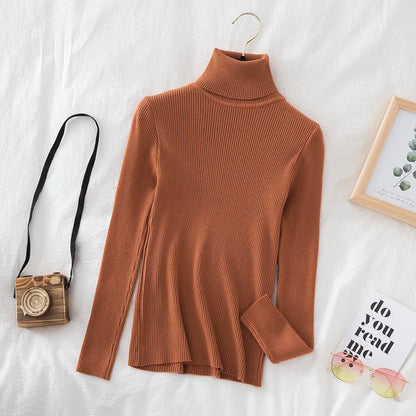 Autumn Winter Turtleneck Women Pullover Sweater Basic Solid Slim Fit Stretch Soft Ribbed Knitted Top Casual Woman Sweaters