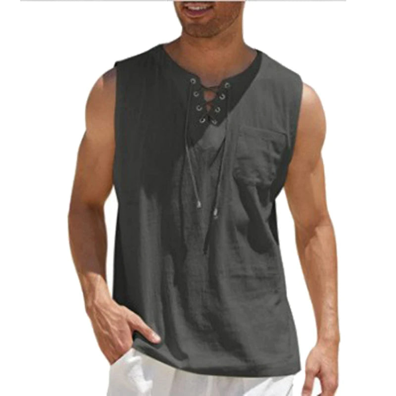 Cotton Linen Shirts Men's Casual Leeveless Vest Bandage Lace Up Blouse Retro V Neck Fashion Loose Shirt Male Solid Color Clothes