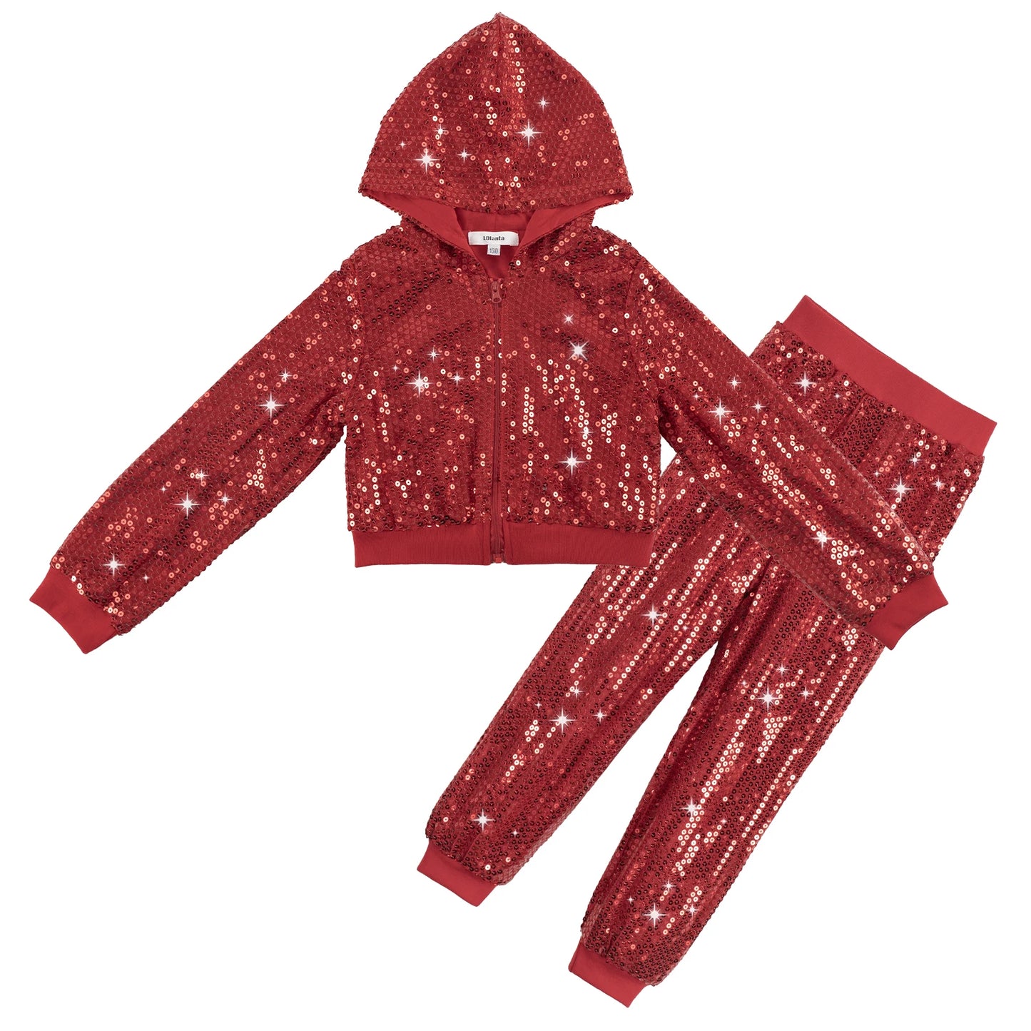 LOlanta 2Pcs Girls Sequin Hooded Jacket & Pants Set Kids Hip Hop Dance Clothing Theme Party Outfits for 5-12 Years