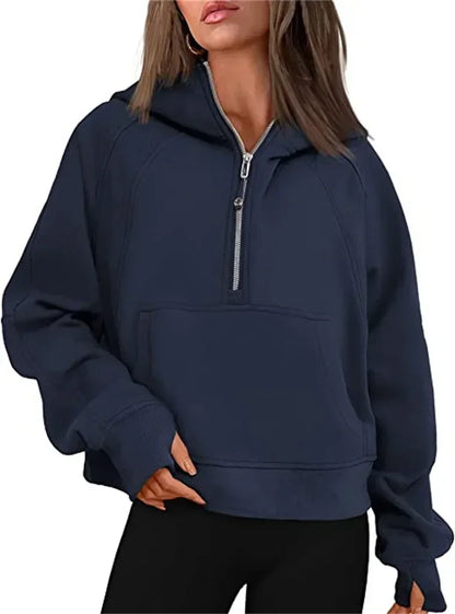 Autumn/winter Womens Sport Half Zip Hoodie Sweatshirt Loose Cropped Fleece Hoodies Women