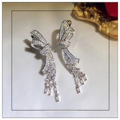 Super Flash Zircon Bow Tassel Pendant Long Earrings Female Temperament All-Match Silver Needle Crystal Earrings Jewelry Gift