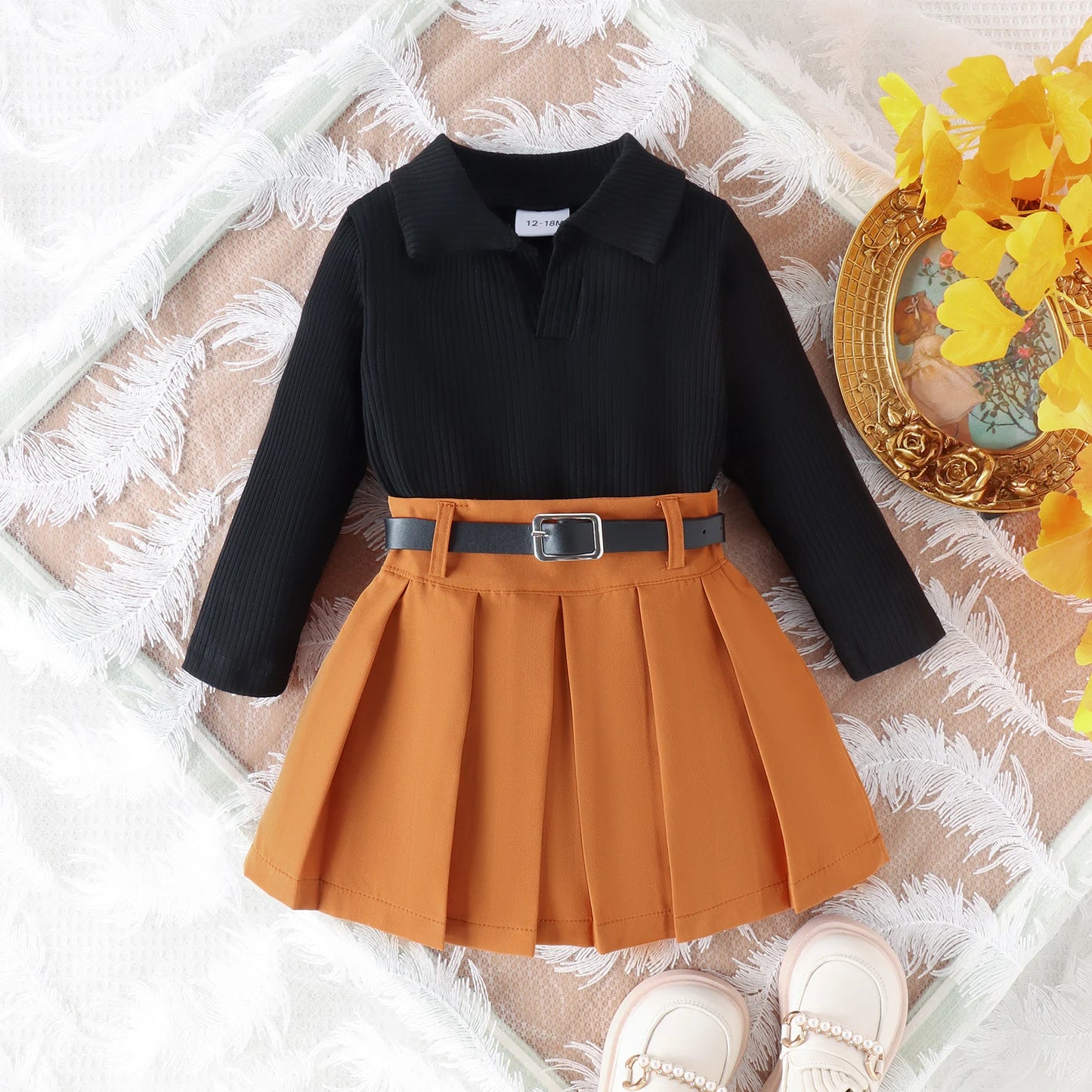 3PCS Autumn New Style 1-5 Year Old Girl Baby College Casual Solid Color Long-Sleeved Pit Top + Pleated Short Skirt Set