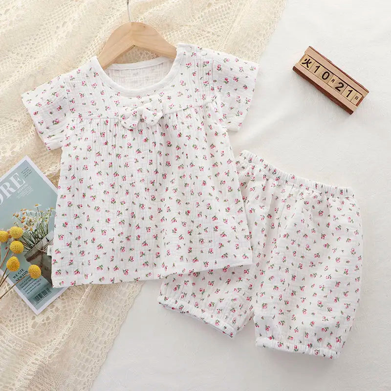 Girls Summer Suits Clothes Baby Short Sleeves Muslin Cotton Floral Shirt Top Shorts Outfits Children Dress +Pants Sets 2pcs 0-5T