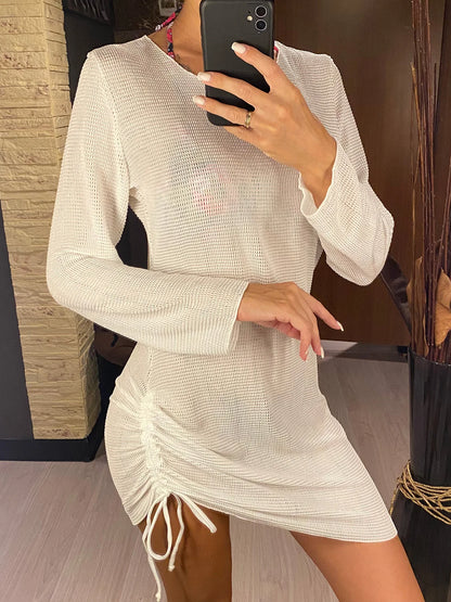 S - XL Long Sleeve Backless Crochet Knitted Tunic Beach Cover Up Cover-ups Beach Dress Beach Wear Beachwear Female Women V5038