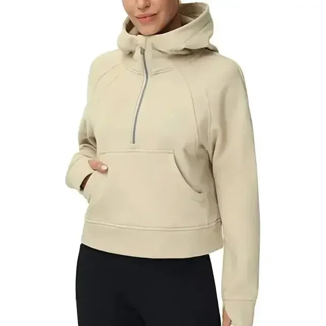 Autumn/winter Womens Sport Half Zip Hoodie Sweatshirt Loose Cropped Fleece Hoodies Women