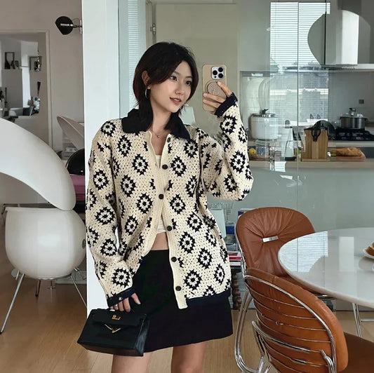 2024 Autumn and Winter Handmade Crochet Lapel Contrast Color Diamond Knitted Cardigan Men and Women Jackets