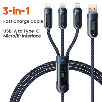 Toocki 3 in 1 USB Cable to iP Type C Micro Cable 66W Digital Display Fast Charging USB C Charger Wire for iPhone14 13 12 Samsung