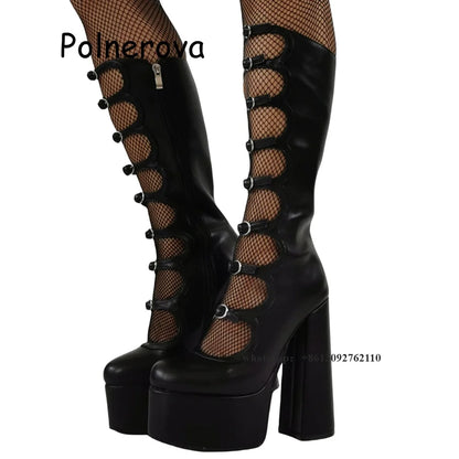 Solid Platform Boots Women's Shoes Chunky Heel Stylish Multi Buckle Straps Roman Shoes Ladies Sexy Hollow Rock Style High Boots