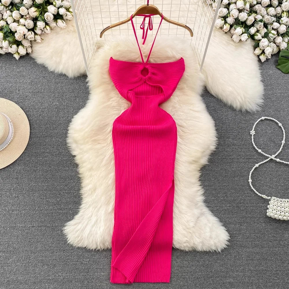 YuooMuoo Women Dress 2024 New Summer Fashion Sexy Package Hips High Split Knitted Bodycon Party Dress Vacation Beach Vestidos