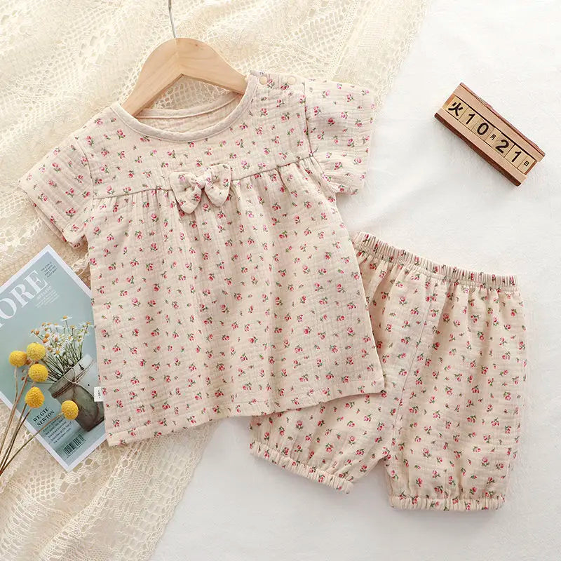 Girls Summer Suits Clothes Baby Short Sleeves Muslin Cotton Floral Shirt Top Shorts Outfits Children Dress +Pants Sets 2pcs 0-5T