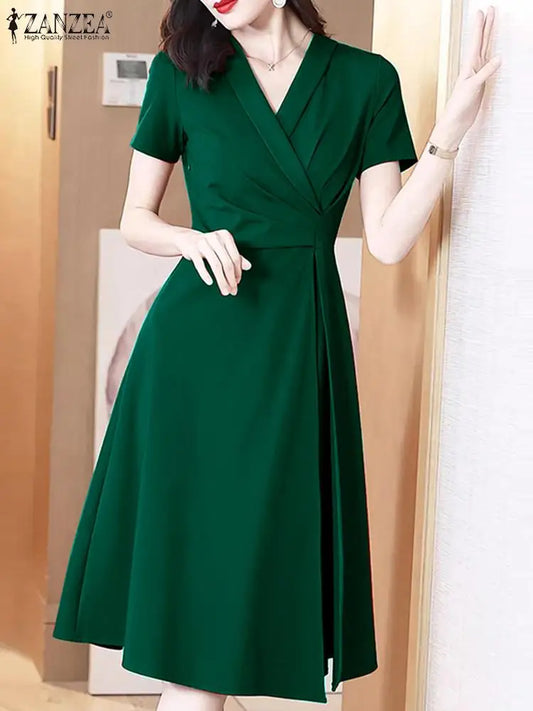 ZANZEA Elegant Women Pleated Dress 2024 Summer Short Sleeve Collect Waist Robe Vintage Party Vestidos Office Lady Korean Dresses