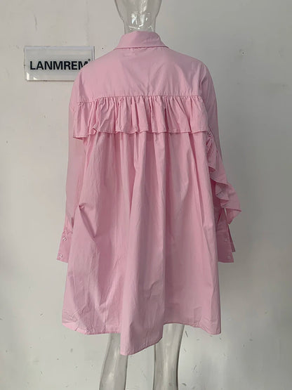 LANMREM Pink Big Size Women's Shirt Fashion Back Ruffles Patchwork Single Breasted Loose Tops 2024 Spring New Clothing 2AA4728