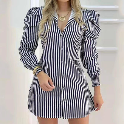 Elegant Women Striped Button Shirt Dress V-neck Mini Dresses Ladies Casual Puffed Sleeve Work Dresses Robe Femme