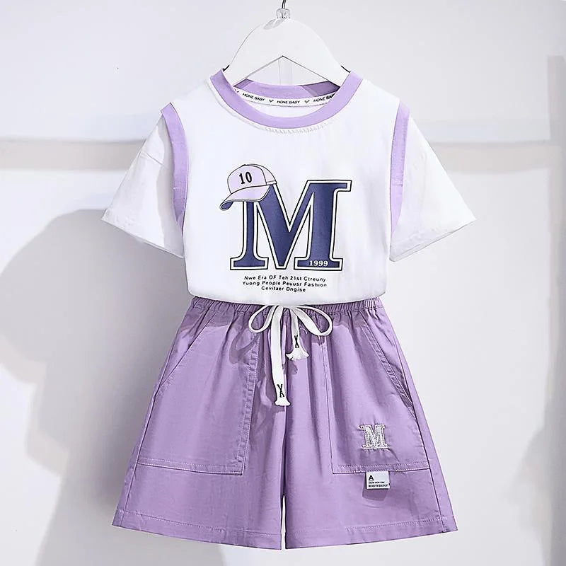 Summer Teenage Girls Clothes Set Children Letter Printed Tshirts and Shorts 2pcs Suit Kid Fashion Top Bottom Outfits Tracksuits