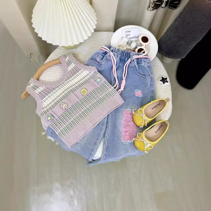 Children's Clothing Sets Three-dimensional Flower Knitted Striped Tank Top + Ripped Jeans Kids Clothes Girls for 3 To 7 Years