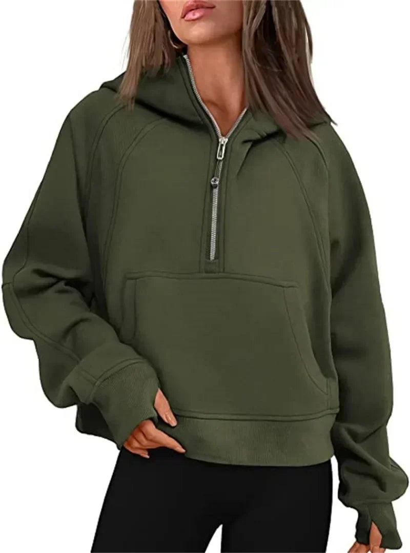 Autumn/winter Womens Sport Half Zip Hoodie Sweatshirt Loose Cropped Fleece Hoodies Women