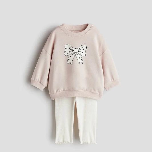 Girls Autumn Sets Bow Print Sweatshirt+Pants Two Piece Suit Cute Tops Toddler Clothing Baby Solid Color Long Sleeve Tracksuits