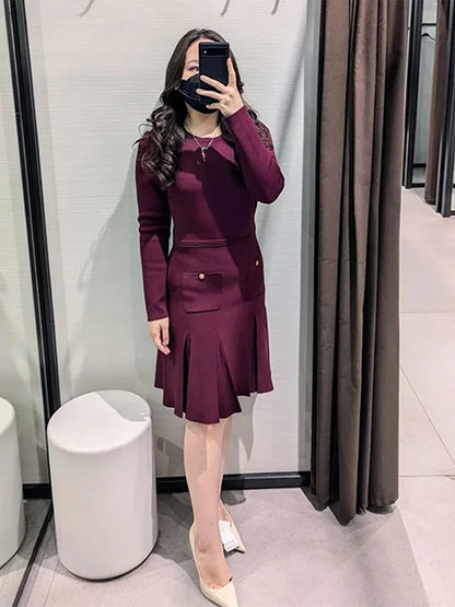 Elegant Solid Knit Dresses Women O Neck Full Sleeve A Line Pleated Button Dress Women 2024 Spring Fashion Casual  Lady Vestidos