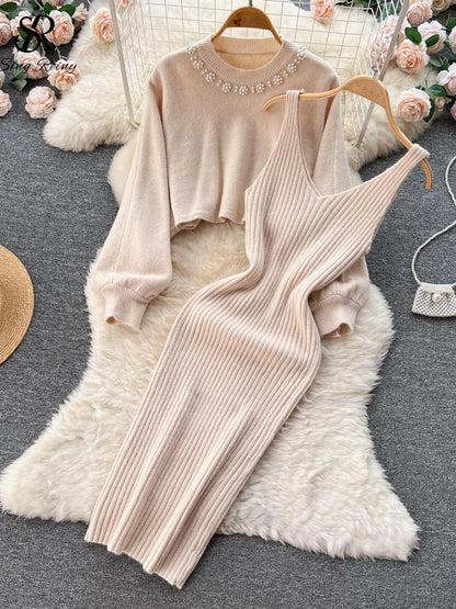 SINGREINY Winter Women Knitted Sets Fashion Breading Long Sleeve Pearl Sweater+Knitted Camis Dress Sets Fashion Sweater Suits