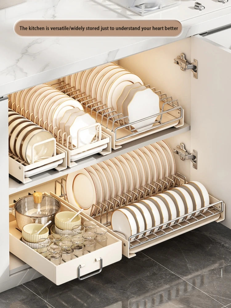 Pull Out Dish Racks Stainless Steel Bowl Storage Rack Cabinet Organizer Under Sink Pull-out Basket Drawer-type Plate Drain Rack